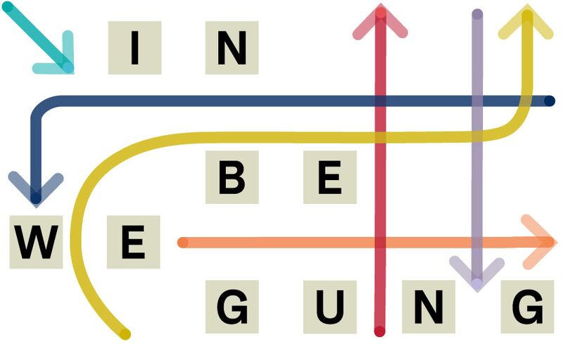 Die Wörter "In Bewegung" in einzelnen Buchstaben, dazwischen Pfeile in bunten Farben in verschiedene Richtungen