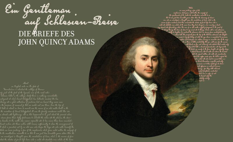 Portrait von John Quincy Adams mit Schriftzug der Ausstellung
