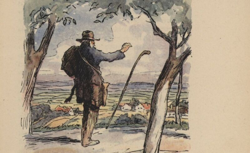 Illustration von Adolf Kašpar, die einen Wanderer zeigt, der auf Tal mit wenigen Häusern hinunterschaut.