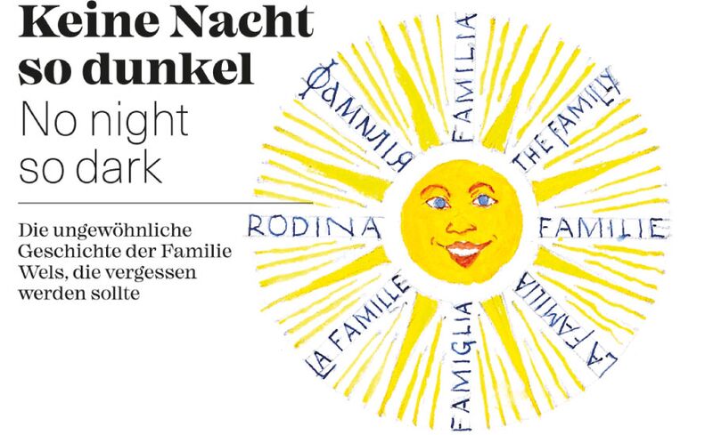 Zeichnung einer Sonne mit dem Wort "Familie" in mehreren Sprachen im Strahlenkranz, aus dem Familienbuch Wels