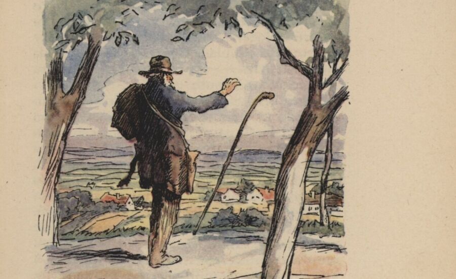 Illustration von Adolf Kašpar, die einen Wanderer zeigt, der auf Tal mit wenigen Häusern hinunterschaut.