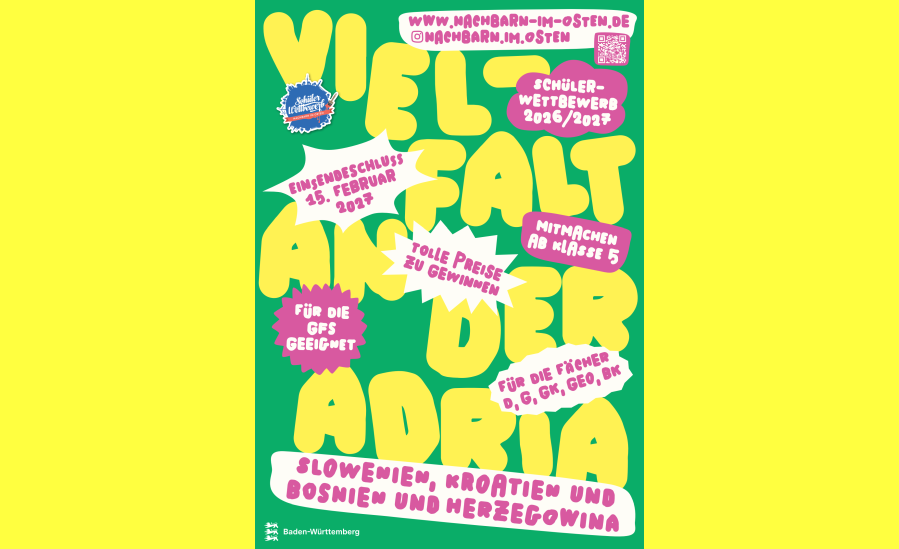 Auf grünem Hintergrund steht in gelben Buchstaben "Vielfalt an der Adria", in kleineren Buchstaben in pink "Slowenien, Kroatien und Bosnien und Herzegowina"
